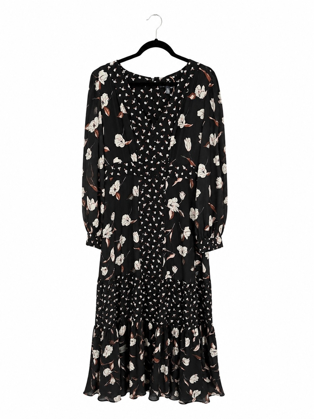 Modcloth Black Floral Tiered Midi Dress with Puff Sleeves